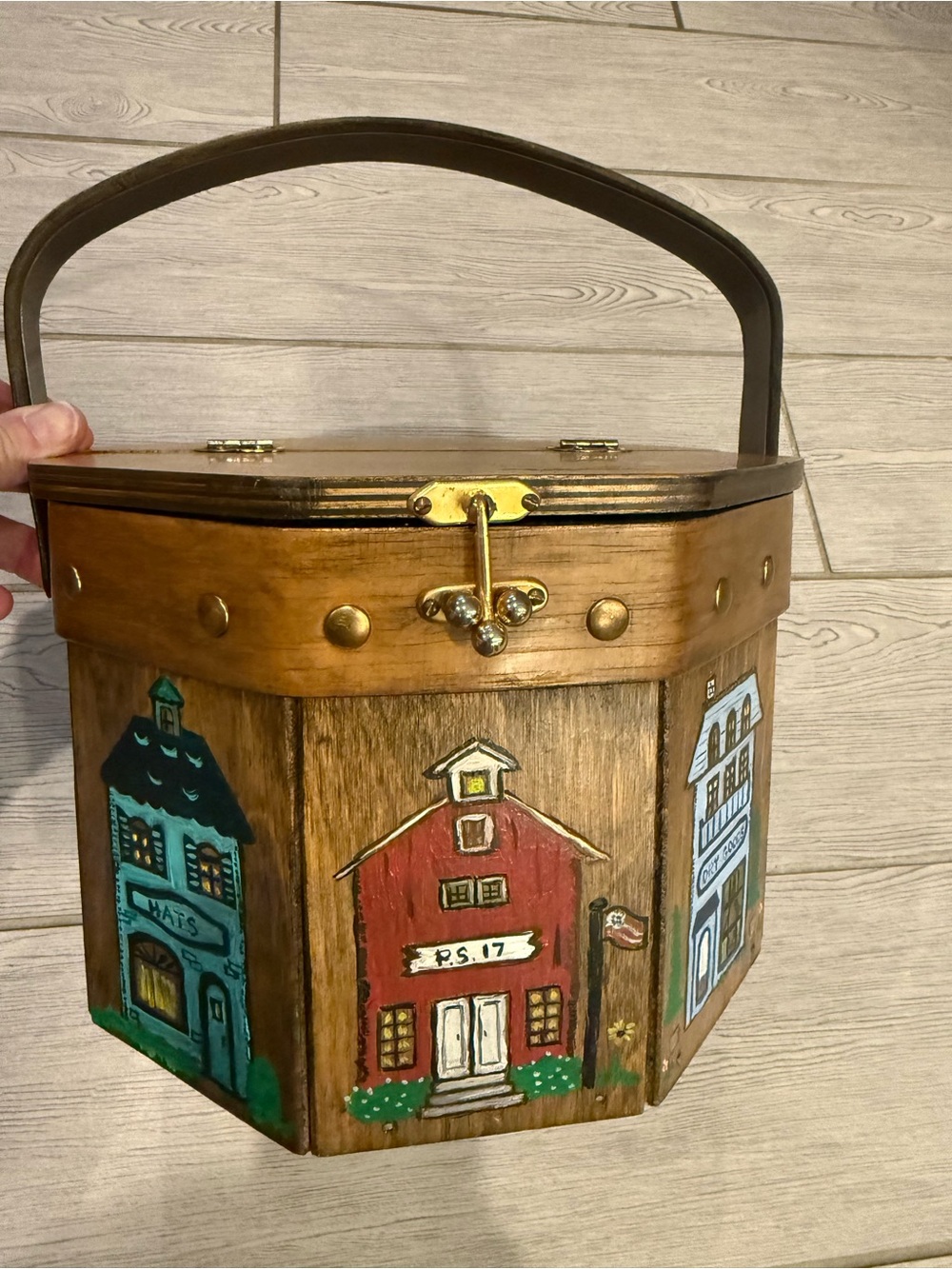 Vintage 60s Hand-Painted Wooden Hexagon wood Box Bag w Cottage houses
